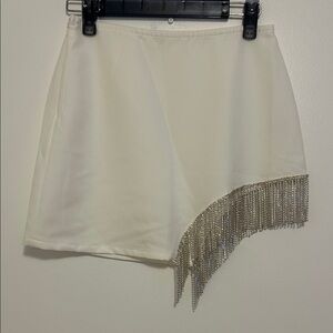 12th Tribe White Asymmetrical Skirt with Silver Fringe